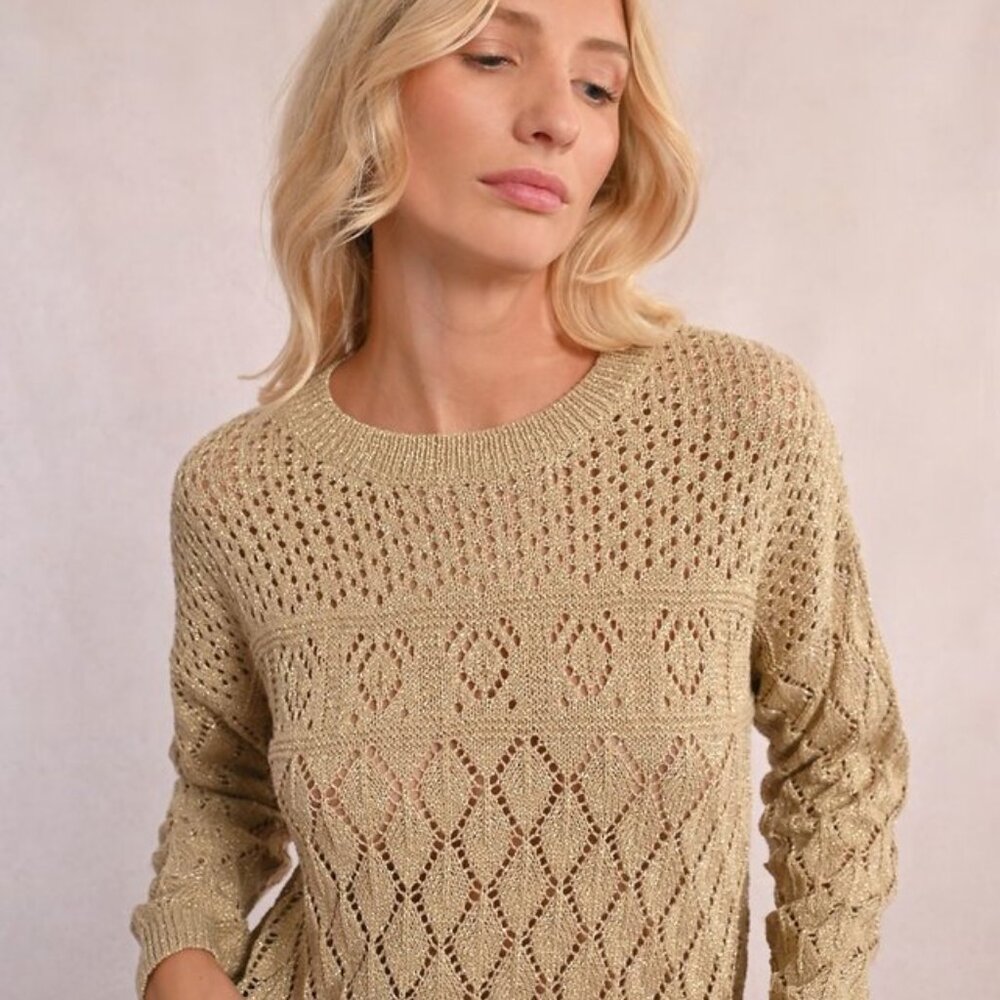 NWT Molly Bracken Gold Thread Eyelet Sweater